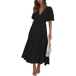 Women's Summer V Neck Short Puff Sleeve A Line Tiered Midi Dress