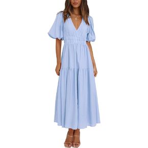 فستان نسائي صيفي قصير بياقة على شكل V وأكمام منتفخة على شكل حرف A بطبقات in Kuwait