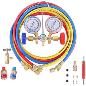 3 Way AC Manifold Diagnostic Gauge Refrigerant Charging Set for Air Conditioner HVAC R134a R404a Freon with 5FT Hose R134a Adjustable Quick Couplers Can Tap Acme Adapter