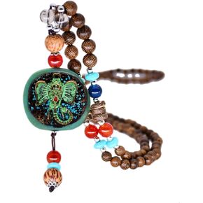 Boho Nepal Mala Wood Bead Fish Elephant Long Pendant Necklace for Women Friend Vintage Chunky Wooden Rosary Statement Sweater Chain Necklace Handmade Ethnic Meditation Prayer Jewelry