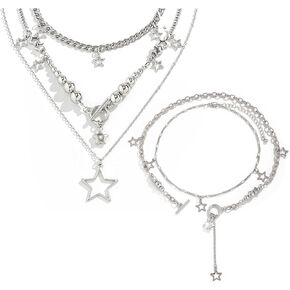 قلادة نجمة فضية Y2K إكسسوارات مجوهرات قلادة فضية مكتنزة كومة الجرونج Kawaii لطيف القلائد الجمالية خمر مجوهرات ايمو (Y2K نجمة قلادة نمط 6) in Kuwait