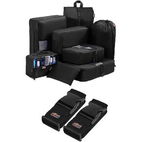 Gorilla Grip Packing Cubes and Luggage Straps, Packing Cubes with Zipper Pack of 8, Luggage Straps Tightening Belts 2 Pack both in Black, 2 item Bundle