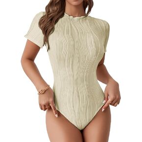 Womens Textured Bodysuit Fitted Tops Crewneck Shirts Short Sleeve Blouse Summer Basic Tees Sexy Cute Work Outfit 2024