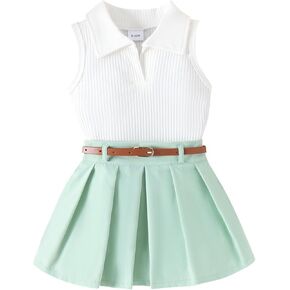 Kid Girls Summer Skirt Outfit Toddler Girl's Knit Ribbed Vest Top+A-line Pleated Skirt Dress Clothes 2Pcs Outfit
