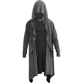 Men's Long Hooded Cardigan Ruffle Shawl Collar Drape Cape Overcoat Asymmetric Hem Open Front Hooded Cardigan