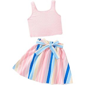 OYOANGLE Girl's 2 Piece Outfits Sleeveless Scoop Neck Solid Tank Top and Striped Print Belted Skirt Sets