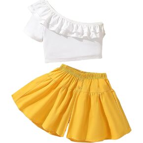 Milumia Girl's 2 Piece Outfits One Shoulder Ruffle Trim T Shirt and Flare Wide Leg Skort Set in Kuwait