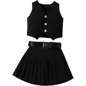 Kids Girl 2 Piece Outfit Solid Color Sleeveless Button Tank Tops and Pleated Skirt with Belt Set Summer Clothes