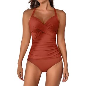B2prity Women's Ruched Tankini Suimsuits V Neck Wrap Tie Back Two Pieces Bathing Suit Tummy Control Swimwear(Reddish Brown)
