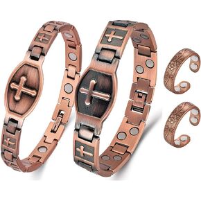 Vicmag 4Pcs Copper Bracelet Ring for Women Men brazaletes 100% Solid Pure Copper Cross Jewelry Gift with Adjustment Tool