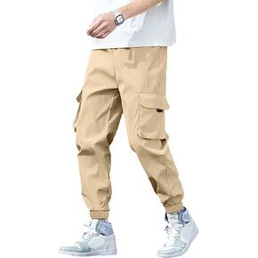 Mens Casual Cargo Pants Stretch Elastic Waist Drawsring Joggers Pants for Men with Pockets
