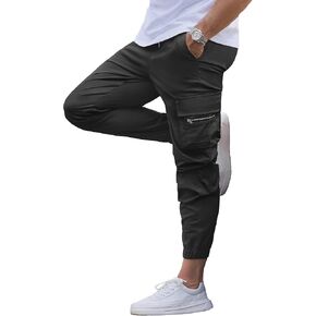 Mens Cargo Jogger Pants Elastic Waist Drawstring Slim Fit with Zipper Pockets Cotton Pants for Men