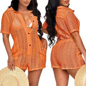 Salimdy Rompers for Women Sexy Hollow Out One Piece Jumpsuit Short Sleeve Bodycon Short Jumpsuits