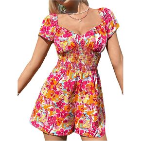 MakeMeChic Women's Floral Print Shirred Romper Short Sleeve Sweetheart Neck Short Jumpsuit