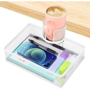 360°rotation under desk drawer, Drawer Under Desk Storage Organizer, Rotary Desk Storage Organizer with Cup Holder, Under Desk Storage, Clamp Drawer Basket, sturdy and durable (White)