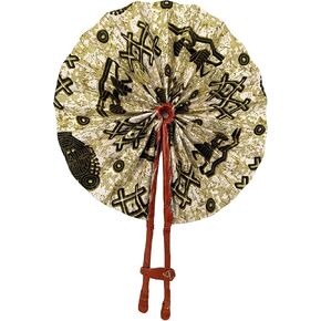 African Fabric Folding Fan, Ankara Design with Leather Accents, for Church, Wedding, Sports Events (Style-A06), Large