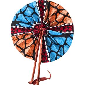 African Fabric Folding Fan, Ankara Design with Leather Accents, for Church, Wedding, Sports Events (Style-A01), Large
