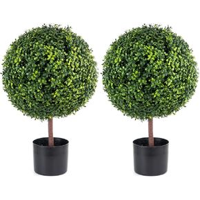 24''T Artificial Boxwood Ball Topiary Tree, Set of 2 Faux Ball Shaped Boxwood Plants,Fake Potted Topiary Bushes Home Decor for Front Porch Back Yard or Balcony