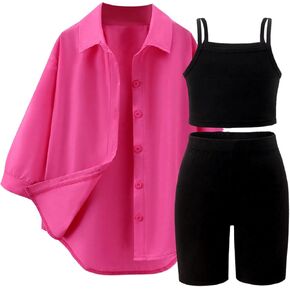Floerns Toddler Girl's Active Shorts and Cami Top Long Sleeve Button Down Shirts 3 Piece Outfit