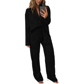 PRETTYGARDEN Women's Fall 2 Piece Textured Sets Casual Button Down Shirt Wide Leg Pants Outfit Loungewear Tracksuit