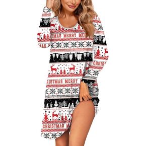 Ekouaer Womens Long Sleeve Nightgowns Sleep Shirts Cute Pajama Dress Casual Sleepwear Printed Nightshirts Tshirt Dress S-2XL