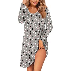 Ekouaer Womens Long Sleeve Nightgowns Sleep Shirts Cute Pajama Dress Casual Sleepwear Printed Nightshirts Tshirt Dress S-2XL