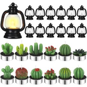 24 Pcs Western Theme Party Decorations Cowboy Centerpieces Include 12 Mini Lantern with LED Candle 12 Cactus Succulent Tealight Candles for Birthday Wedding Party Favor