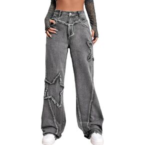 Kedera Women's Wide Leg Denim Pants Teen Star Raw Edge Baggy Trousers High Waisted Boyfriend Y2K Jeans Girls Fashion