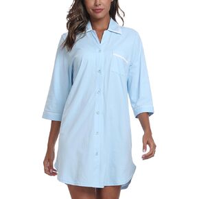 100% Cotton Nightgowns for Women 3/4 Sleeve Button Down Nightshirts Soft V-Neck Knee Length Sleepwear With Pocket