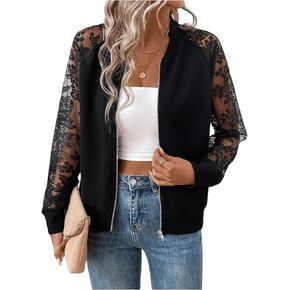 Verdusa Women's Contrast Lace Zip Up Bomber Jacket Raglan Long Sleeve Outerwear