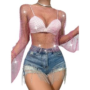 SEAUR Women's Sexy Fishnet Rhinestone Shirt See Through Hollow Out Mesh Cover up Sparkle Party Club Crop Tops