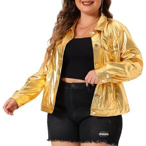 Agnes Orinda Plus Size Metallic Jacket for Women Moto Biker Jacket Holographic Shiny Party Shirt Jackets