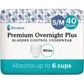 Because Overnight Absorbency Pull Ups - Adult Disposable Incontinence Underwear, Extra Absorbent Nighttime Pull Ups for Men and Women, White, Small/Medium, 20 Count