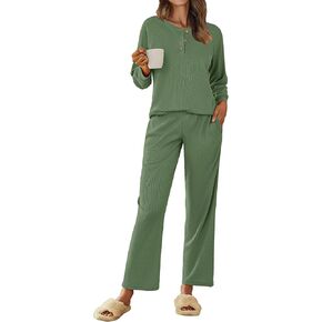 Ekouaer Waffle Knit Pajamas for Women Set Long Sleeve Pants Pj Henley Tops Lounge Sets Comfy Sleepwear with Pockets