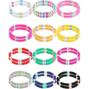 24 Pieces Heishi Bracelet Set Boho Rainbow Beaded Bracelets Surfer Bracelet Handmade Colorful Bracelets Jewelry Elastic Rope Bracelet Summer Beach Bracelet Sets for Women
