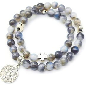 Medalla de San Benito,St Benito Bracelet with Gray Beads for Women Saint Benedict Medals Rosary Bracelet Blessing Catholic Pulsera para Mujer Protección Catolicos de Plata Recuerdos de Bautizo