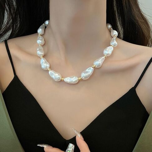 Baroque Pearl Necklace for Women Vintage Pearl Choker Necklace Dainty Irregular Pearl Charm Necklace Chunky Big Pearl Necklace Birthday Wedding Jewelry Gifts for Women in Saudi Arabia
