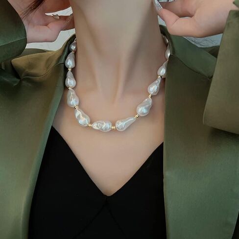 Baroque Pearl Necklace for Women Vintage Pearl Choker Necklace Dainty Irregular Pearl Charm Necklace Chunky Big Pearl Necklace Birthday Wedding Jewelry Gifts for Women in Saudi Arabia