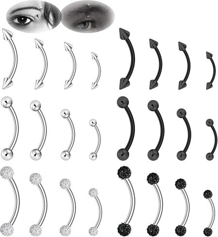 10-24Pcs Eyebrow Piercing Jewelry Ear Rook Piercing Eyebrow Ring Surgical Steel Curved Barbell Vertical Labret Lip Jewelry Snug Daith Tragus Piercing Jewelry Black Silver in Saudi Arabia