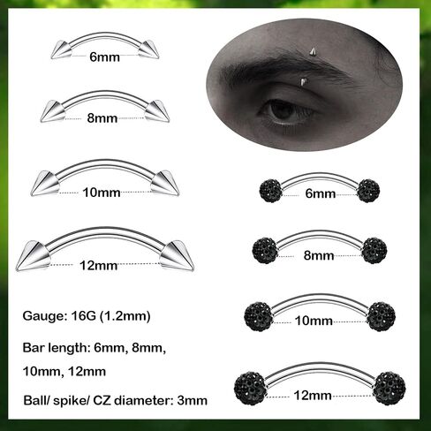 10-24Pcs Eyebrow Piercing Jewelry Ear Rook Piercing Eyebrow Ring Surgical Steel Curved Barbell Vertical Labret Lip Jewelry Snug Daith Tragus Piercing Jewelry Black Silver in Saudi Arabia