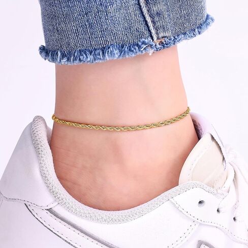 Fiusem Gold Anklet for Women, 2.5/3mm 18K Gold Plated Stainless Steel Braided Rope Anklet, Women's Anklets 9"/10"/11" in Kuwait