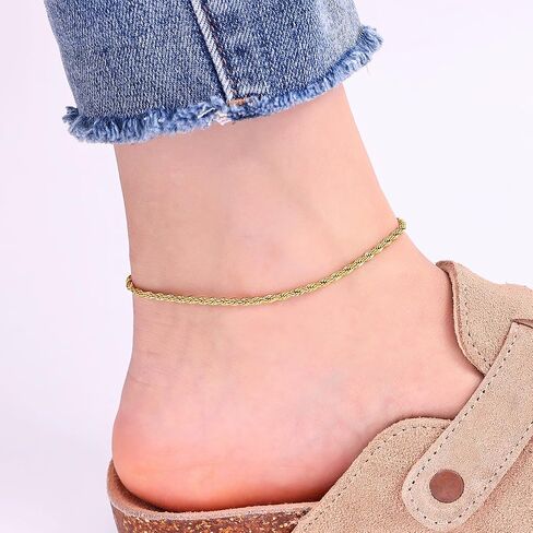 Fiusem Gold Anklet for Women, 2.5/3mm 18K Gold Plated Stainless Steel Braided Rope Anklet, Women's Anklets 9"/10"/11" in Kuwait