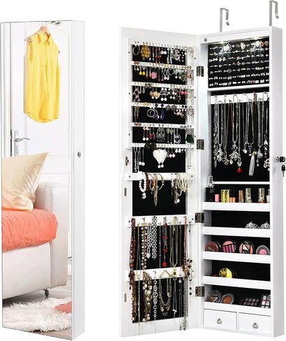 Byroce 47.5''H Jewelry Armoire, Over the Door/Wall Mounted, Full Length Mirror with Jewelry Storage, 2-LED Lockable Jewelry Cabinet with 2 Drawers, Hanging Jewelry Organizer for Bedroom (White) in Saudi Arabia