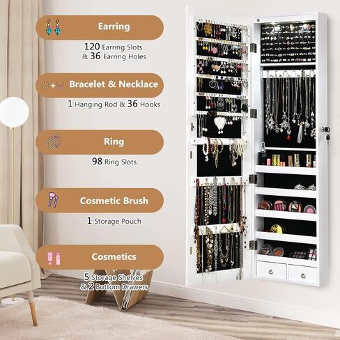 Byroce 47.5''H Jewelry Armoire, Over the Door/Wall Mounted, Full Length Mirror with Jewelry Storage, 2-LED Lockable Jewelry Cabinet with 2 Drawers, Hanging Jewelry Organizer for Bedroom (White) in Saudi Arabia