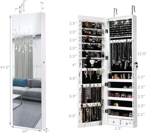 Byroce 47.5''H Jewelry Armoire, Over the Door/Wall Mounted, Full Length Mirror with Jewelry Storage, 2-LED Lockable Jewelry Cabinet with 2 Drawers, Hanging Jewelry Organizer for Bedroom (White) in Saudi Arabia
