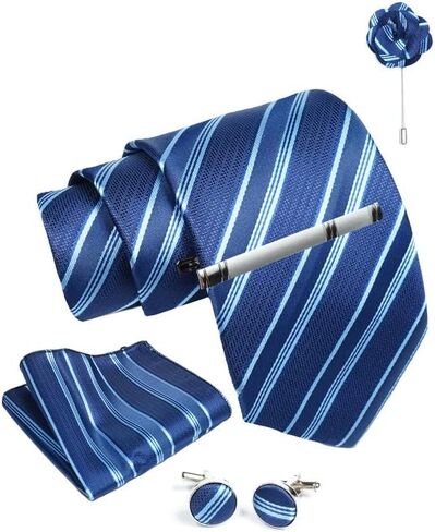Blue Striped Ties For Men – Tie Set With Pocket Square Cufflinks Tie Clip Bar & Flower Brooch Pin For Mens (Pack of 5) (AXTS62) in Saudi Arabia