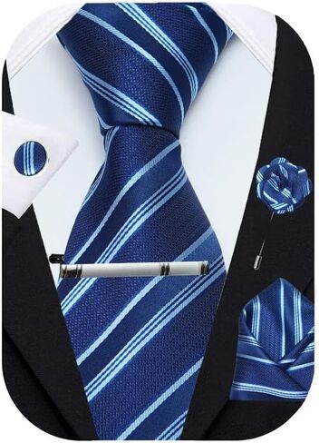 Blue Striped Ties For Men – Tie Set With Pocket Square Cufflinks Tie Clip Bar & Flower Brooch Pin For Mens (Pack of 5) (AXTS62) in Saudi Arabia