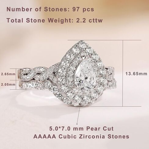 Newshe خواتم الزفاف للنساء مجموعة خاتم الخطوبة 925 الفضة الاسترليني 1.3ct الكمثرى الأبيض تشيكوسلوفاكيا حجم 5-10 in Saudi Arabia
