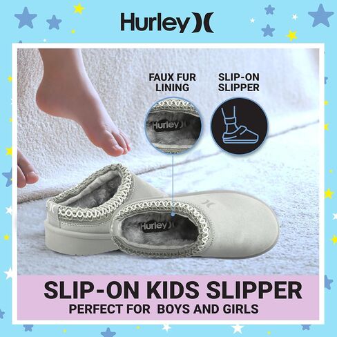 Hurley Kids Modi Slippers - Indoor and Outdoor Slip-On Shoes for Boys and Girls, Durable Clogs With Faux Fur Fleece Lining - Warm Winter House Slippers in Saudi Arabia