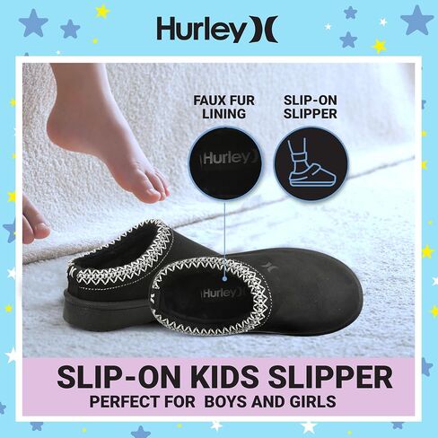 Hurley Kids Modi Slippers - Indoor and Outdoor Slip-On Shoes for Boys and Girls, Durable Clogs With Faux Fur Fleece Lining - Warm Winter House Slippers in Saudi Arabia